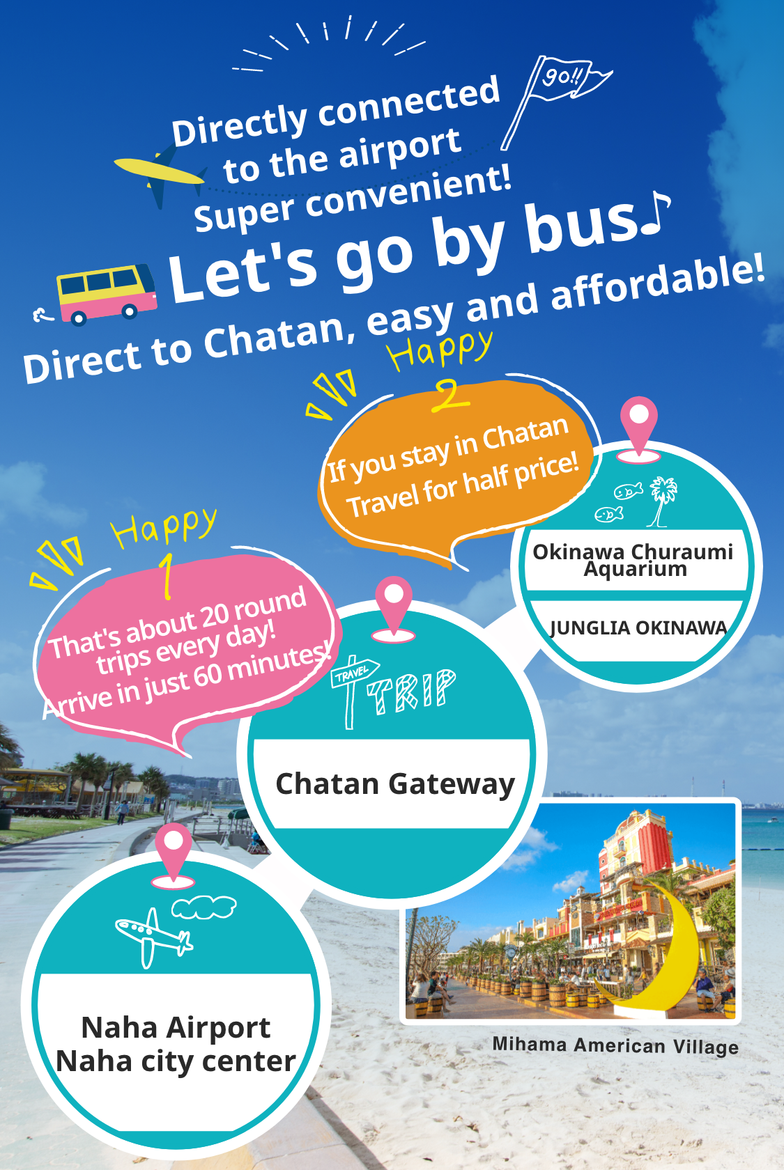 Directly connected to the airport Super convenient！Let's go by bus.♪Direct to Chatan, easy and affordable！！Naha Airport Chatan Gateway Happy1 That's about 20 round trips every day！Arrive in just 60 minutes！Okinawa Churaumi Aquarium JUNGLIA OKINAWA Happy2 If you stay in ChatanTravel for half price!